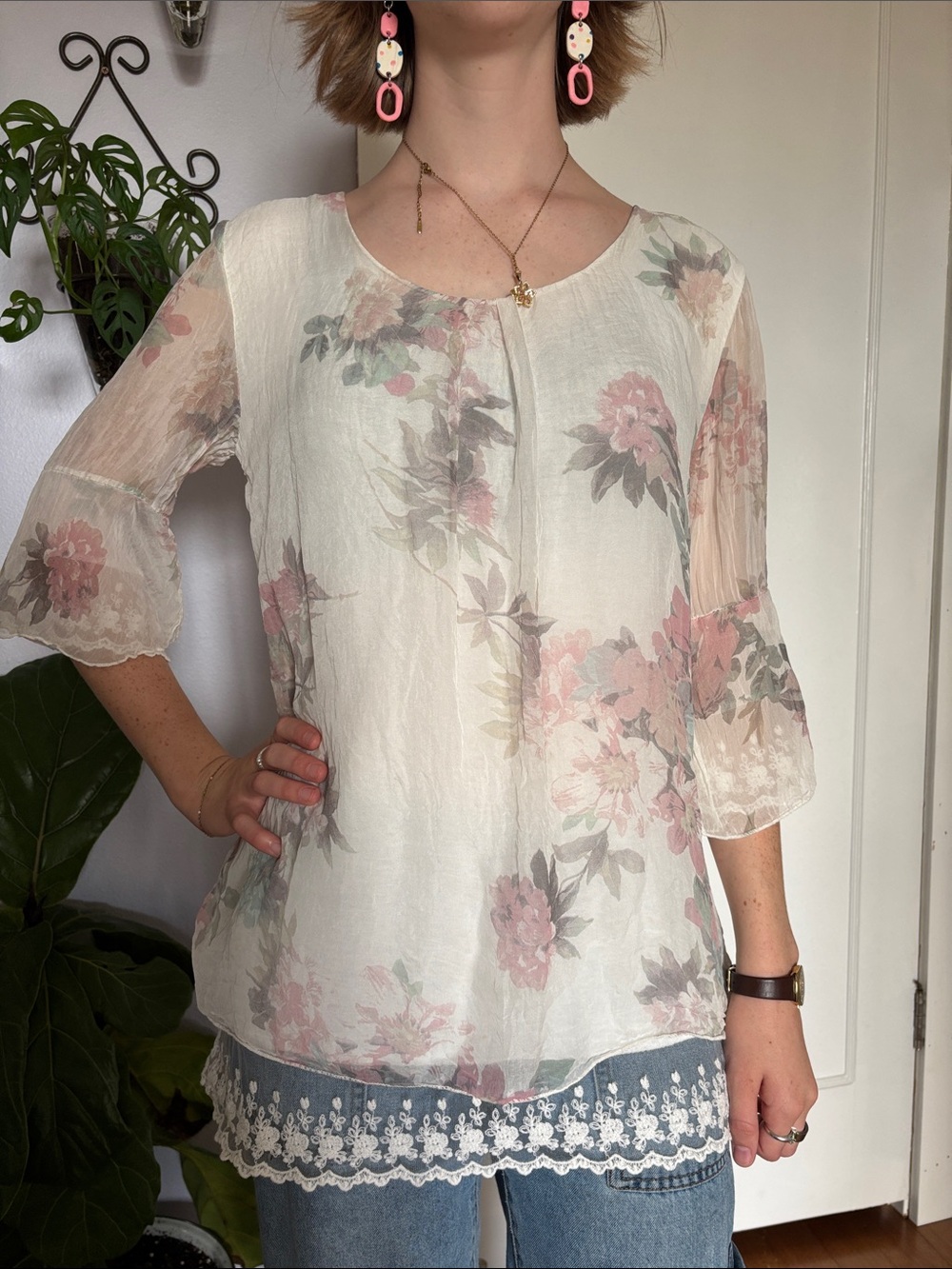 100% Silk Made In Italy Floral Blouse
